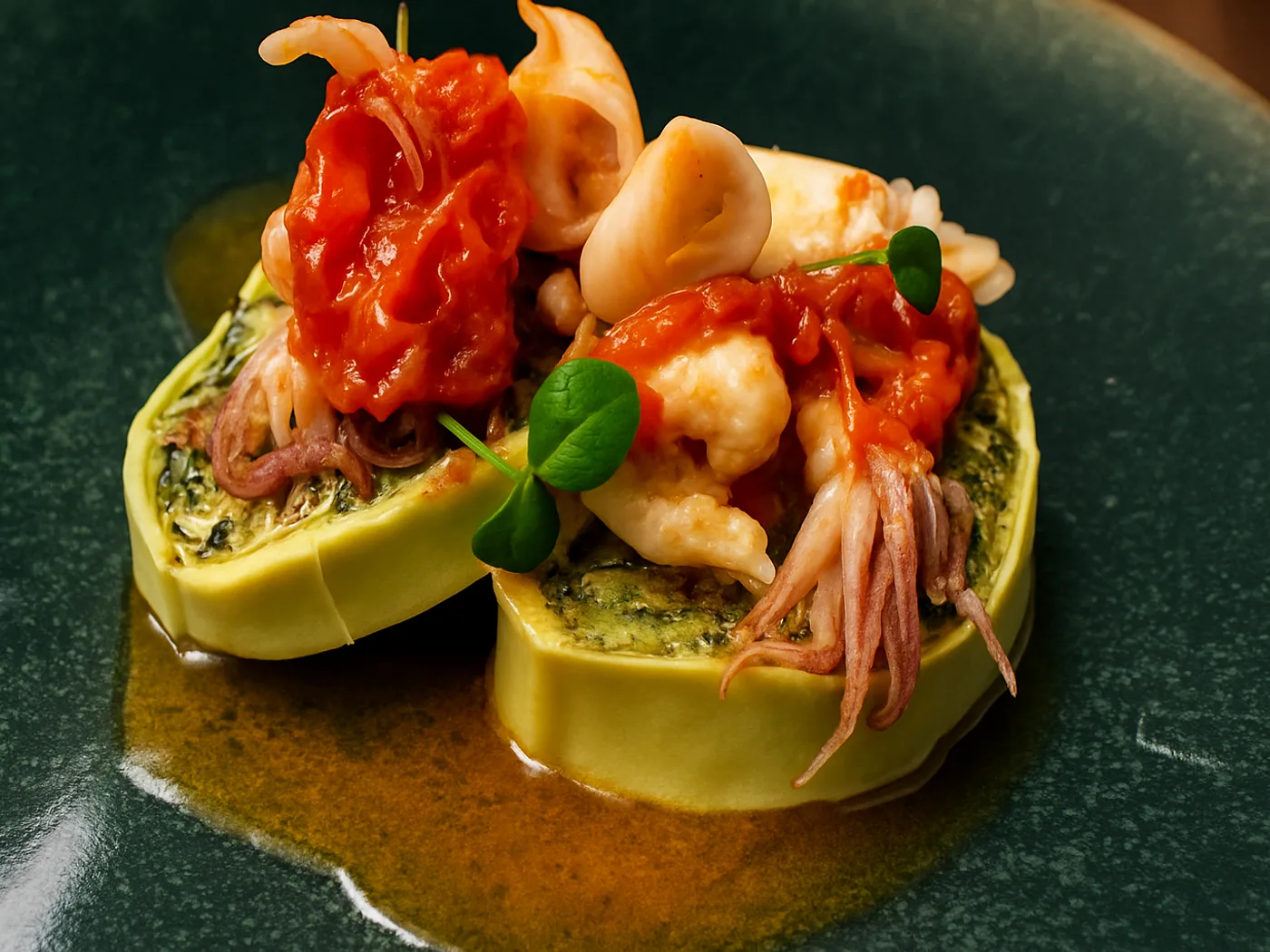 Tortelli verdi con moscardini e pomodorini appena impiattati