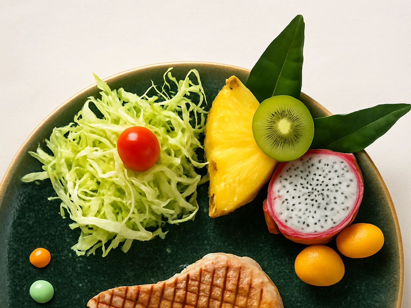 Tonno scottato con frutta fresca sul piatto verde
