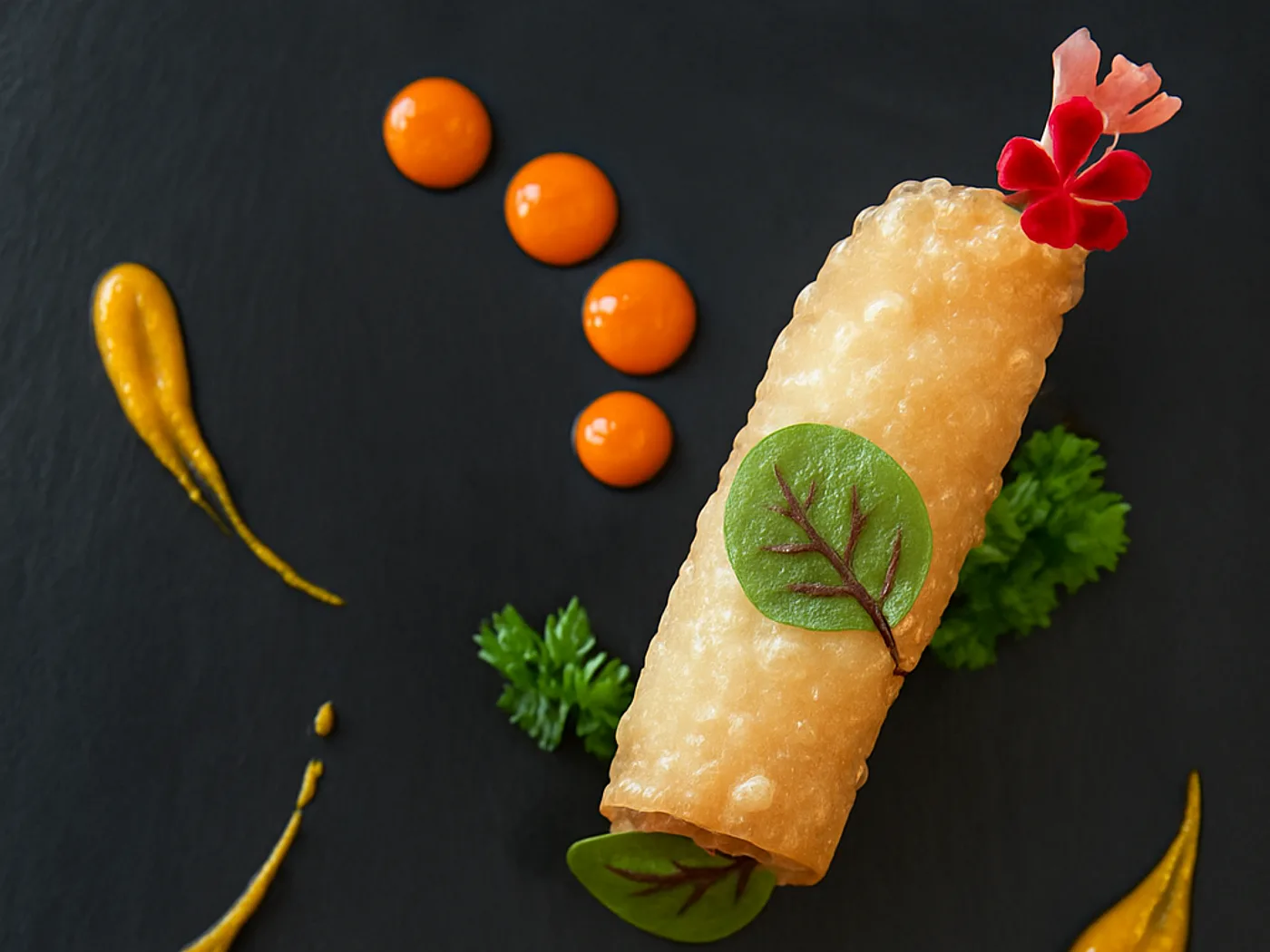 Involtini croccanti di mare su pietra di ardesia