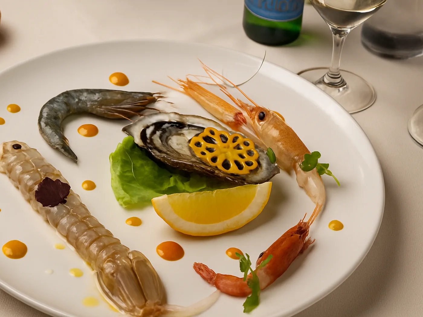 Crudo di mare con ostrica, scampi e limone